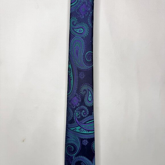 Hisdern Men's Neck Tie 3 ½” Purple Teal Paisley Handmade Necktie - Picture 3 of 10